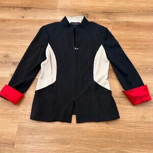 St. John Sport Knit Jacket Sz 10 Black Zip Front Wool Blend USA Pockets -